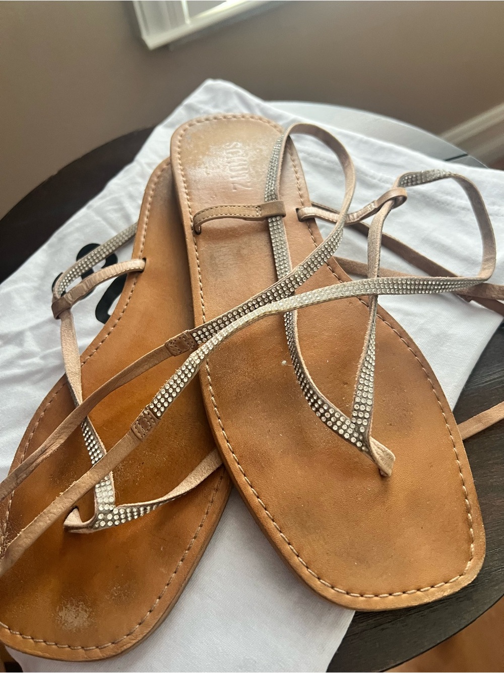 SCHUTZ Tan Rhinestone Strappy Flat Sandals
